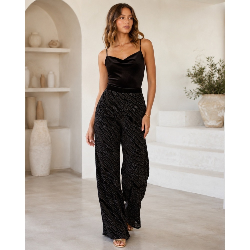 Forever 21 Zebra Velvet Glitter Wide Leg Flare Pants Black Silver High Rise S